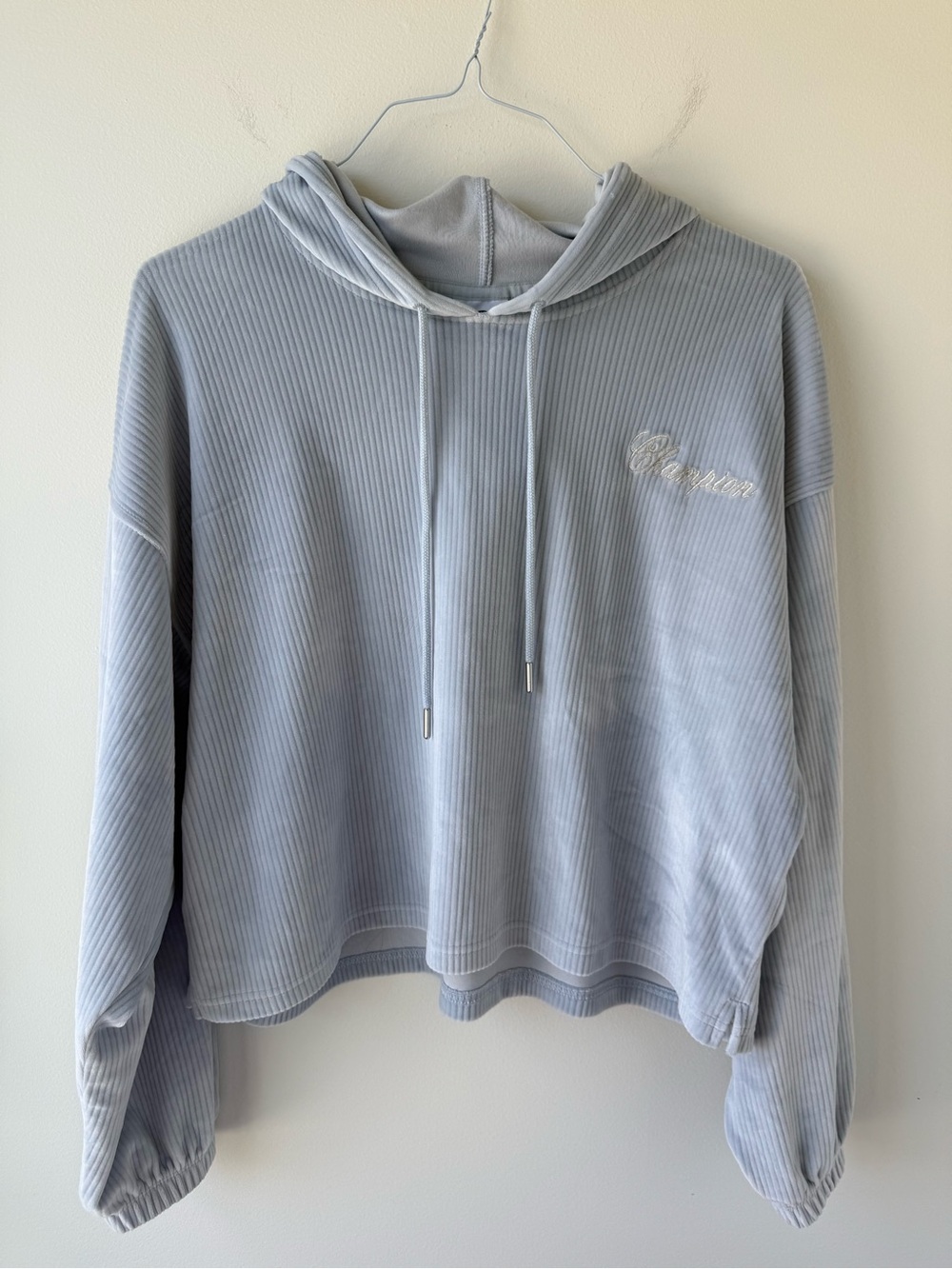 Champion Women's Light Blue/Grey Ribbed Hooded Sweater